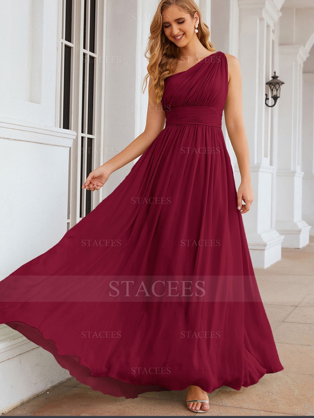 NWT A-line One-Shoulder Chiffon Long Bridesmaid Dress Size 12 Burgundy